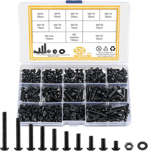 مجموعة متنوعة من الصواميل والمسامير المترية، 520 قطعة M4 براغي ذات غطاء سداسي برأس زر M4 وصواميل سداسية ومجموعة غسالة مسطحة، محرك ألين سداسي أسود، ملولب بالكامل، سبائك فولاذية بدرجة 10.9 in Kuwait