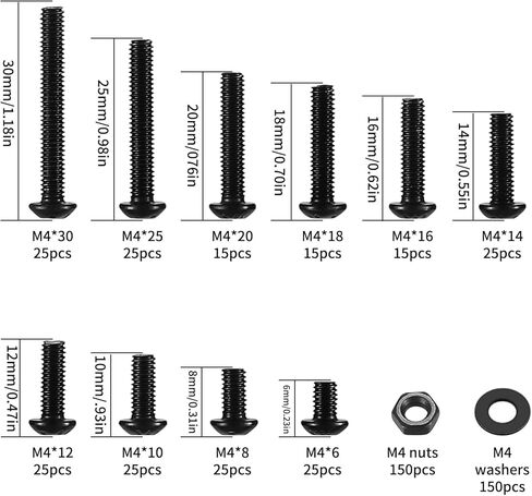 مجموعة متنوعة من الصواميل والمسامير المترية، 520 قطعة M4 براغي ذات غطاء سداسي برأس زر M4 وصواميل سداسية ومجموعة غسالة مسطحة، محرك ألين سداسي أسود، ملولب بالكامل، سبائك فولاذية بدرجة 10.9 in Kuwait