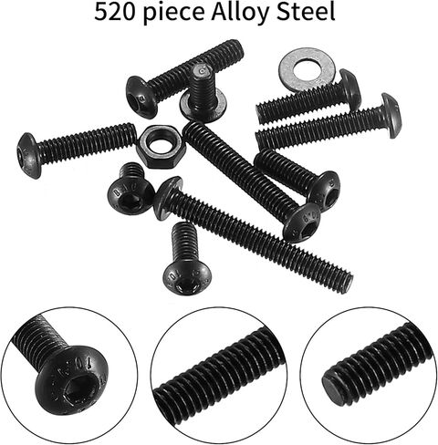 مجموعة متنوعة من الصواميل والمسامير المترية، 520 قطعة M4 براغي ذات غطاء سداسي برأس زر M4 وصواميل سداسية ومجموعة غسالة مسطحة، محرك ألين سداسي أسود، ملولب بالكامل، سبائك فولاذية بدرجة 10.9 in Kuwait