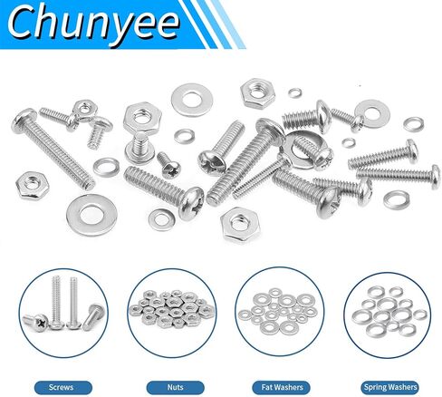 مجموعة براغي مترية 1345 قطعة من Chunyee، براغي آلة غطاء رأس مقبس سداسي M2 M3 M4 M5، 304 من الفولاذ المقاوم للصدأ 4 مم إلى 20 مم مجموعة غسالات زنبركية، مجموعة متنوعة من الصواميل والمسامير مع 4 مفاتيح ربط in Kuwait