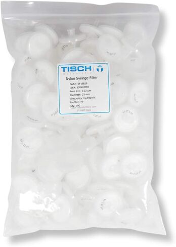 مرشح حقنة نايلون SF13829 من Tisch، 0.22um، 25 مم، 1pk/100 لكل عبوة | قابلية التبلل: محبة للماء | درجة حرارة التشغيل القصوى: 100 درجة مئوية | ضغط الانفجار (رطل لكل بوصة مربعة): 87 | قيمة الرقم الهيدروجيني المطبقة: 3-1 in Kuwait
