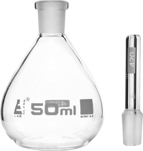 مقياس البيكنومتر، معاير، 50 مل - زجاجة جاذبية محددة ذات قاع مسطح وسدادة مثقوبة - زجاج البورسليكات 3.3 - Eisco Labs in Kuwait