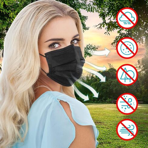 100 قطعة من الأقنعة للاستعمال مرة واحدة، أقنعة وجه سوداء، 3 طبقات حماية من الفلتر، أقنعة وجه للاستعمال مرة واحدة للرجال والنساء والشباب in Saudi Arabia