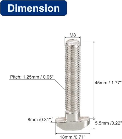 Uxcell M8x45mm T فتحة مسمار منسدل، 15 قطعة رأس مطرقة T-Bolt T شكل مسمار منزلق لملف ألومنيوم 40 سلسلة in Saudi Arabia