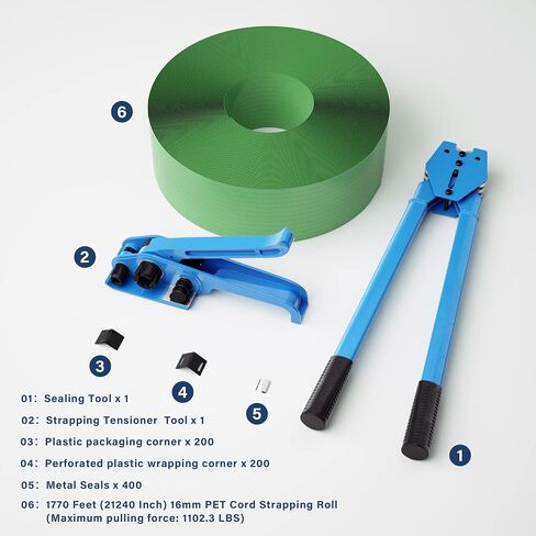 Vteilas Banding Straping Kit أداة ربط وتغليف البليت، أداة شد الربط، أداة الختم، 400 زاوية تغليف بلاستيكية، 400 ختم معدني، ولفة ربط بوليستر (PET) مقاس 5/8 بوصة × 1770 بوصة in Saudi Arabia