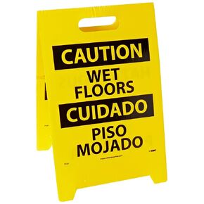 NMC FS26 Bilingual Double Sided Floor Sign, Legend "CAUTION - WET FLOOR HAZARDOUS AREA", 12" Length x 20" Height, Coroplast, Black on Yellow in Kuwait