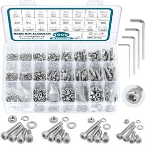 1600Pcs Metric Screw Assortment,M2 M3 M4 M5 Metric Bolt Assortment,304 Stainless Steel Metric Machine Screws,Hex Socket Head Cap Screws Nuts and Bolts Assortment Kit with Flat and Lock Washers