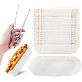 صينية طعام ورقية 250 قطعة من صواني هوت دوج، 15.24 سم مع ملقط للمطبخ، صينية مستطيلة بيضاء مخددة، صينية طعام للاستعمال مرة واحدة للشطائر والهامبرغر لعربة الكلاب الساخنة in Kuwait