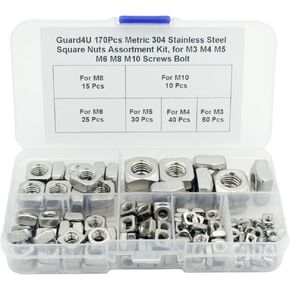 Guard4U 170Pcs Metric 304 Stainless Steel Square Nuts Assortment Kit, for M3 M4 M5 M6 M8 M10 Screws Bolt in Kuwait