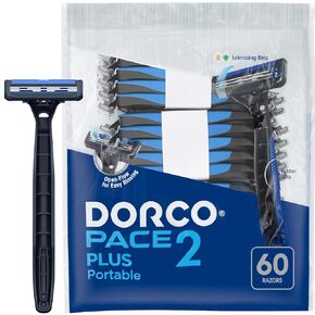 Dorco Pace 2 Plus Disposable Razor 60 count 2 blades Pivoting Head Open-Flow for Easy Rinsing with Lubricating Strip and Long Non-Slip Rubber Handle 60 counts in Saudi Arabia