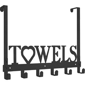 LLPJS Over The Door Towel Hooks, Metal Towel Racks, Heart Letter Towel Holder for Bathroom Door Hanger Hook Hanging Bath Towels, Head Towels, Robes Bathrobe Clothes, (Art Font 5 Hooks, Black)