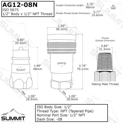 وصلة أنثى لجرار توصيل سريع هيدروليكي 1/2 بوصة Ag ISO 5675 ، نمط Poppet Pioneer w/Dust Caps in Saudi Arabia