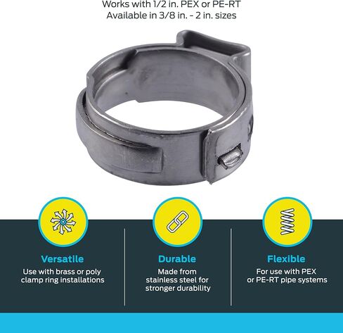 حلقة مشبك SharkBite مقاس 1/2 بوصة، عبوة من 100 قطعة، تركيبات سباكة من الفولاذ المقاوم للصدأ، أنبوب PEX، PE-RT، UC953CP100 in Kuwait