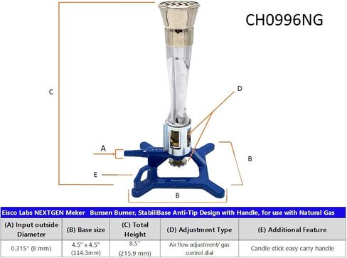 موقد ميكر بنسن، غاز طبيعي - التحكم في تدفق الغاز، مثبت اللهب، تدفق الهواء قابل للتعديل - قاعدة ثبات من الحديد الزهر، تصميم مضاد للطرف بمقبض - مناسب للاستخدام مع الغاز الطبيعي - مختبرات إيسكو in Kuwait