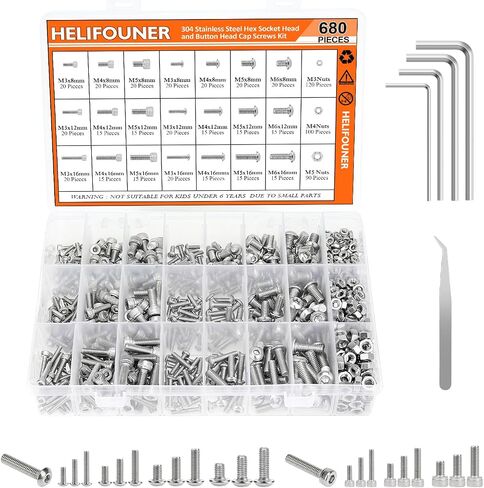 HELIFOUNER 680 قطعة M3 M4 M5 M6 رأس زر سداسي ومقبس رأس متري مجموعة متنوعة من البراغي والصواميل، 304 الفولاذ المقاوم للصدأ in Saudi Arabia