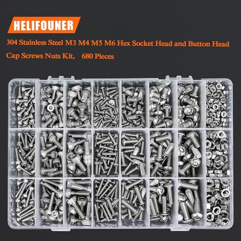 HELIFOUNER 680 قطعة M3 M4 M5 M6 رأس زر سداسي ومقبس رأس متري مجموعة متنوعة من البراغي والصواميل، 304 الفولاذ المقاوم للصدأ in Saudi Arabia