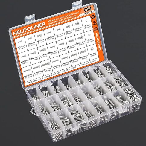 HELIFOUNER 680 قطعة M3 M4 M5 M6 رأس زر سداسي ومقبس رأس متري مجموعة متنوعة من البراغي والصواميل، 304 الفولاذ المقاوم للصدأ in Saudi Arabia