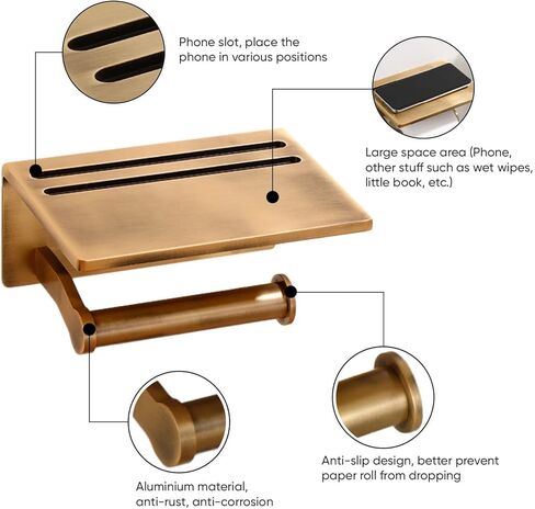 Smarthome Toilet Paper Holder with Shelf, Black Anti-Rust Aluminum Tissue Roll Holder with Mobile Phone Storage Shelf for Bathroom, 3M Self Adhesive No Drilling or Wall Mounted with Screws in Saudi Arabia