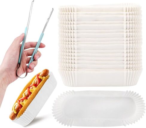 صينية طعام ورقية 250 قطعة من صواني هوت دوج، 15.24 سم مع ملقط للمطبخ، صينية مستطيلة بيضاء مخددة، صينية طعام للاستعمال مرة واحدة للشطائر والهامبرغر لعربة الكلاب الساخنة in Kuwait