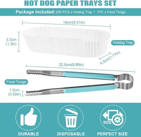 صينية طعام ورقية 250 قطعة من صواني هوت دوج، 15.24 سم مع ملقط للمطبخ، صينية مستطيلة بيضاء مخددة، صينية طعام للاستعمال مرة واحدة للشطائر والهامبرغر لعربة الكلاب الساخنة in Kuwait