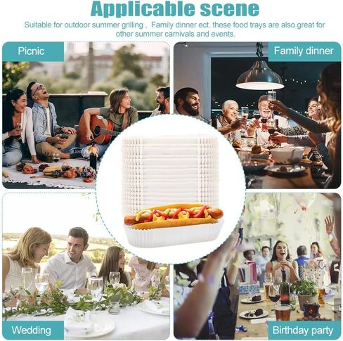 صينية طعام ورقية 250 قطعة من صواني هوت دوج، 15.24 سم مع ملقط للمطبخ، صينية مستطيلة بيضاء مخددة، صينية طعام للاستعمال مرة واحدة للشطائر والهامبرغر لعربة الكلاب الساخنة in Kuwait