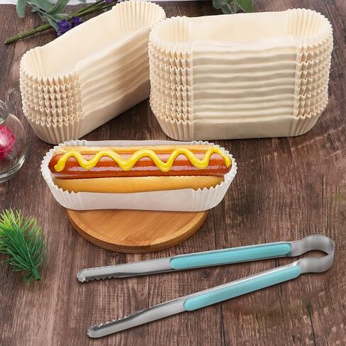 صينية طعام ورقية 250 قطعة من صواني هوت دوج، 15.24 سم مع ملقط للمطبخ، صينية مستطيلة بيضاء مخددة، صينية طعام للاستعمال مرة واحدة للشطائر والهامبرغر لعربة الكلاب الساخنة in Kuwait