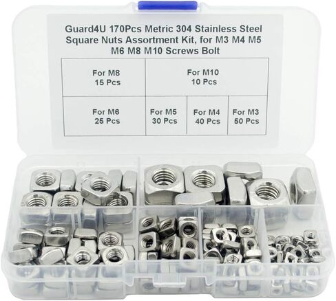 جاردو 4 يو مجموعة متنوعة من صواميل مربعة من الستانلس ستيل 304 متري من 170 قطعة، لبراغي براغي M3 M4 M5 M6 M8 M10 in Kuwait