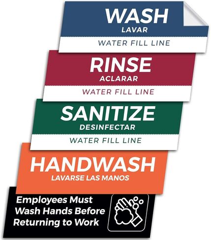 5 Pack Wash Rinse Sanitize Sink Labels, Waterproof Sticker Signs, 3 Compartment Sink Labels - Restaurant Supplies, Food Truck Supplies, Dishwashing Sign Wash Station in Kuwait