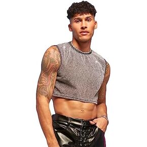 WDIRARA Men's Glitter Round Neck Sleeveless Party Club Crop Tank Top T Shirt in Saudi Arabia