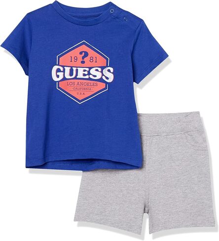 طقم تي شيرت جيرسيه قطني عضوي بشعار Crackle من GUESS للأطفال الصغار وشورت تيري فرنسي مزيج عضوي مكون من قطعتين in Kuwait