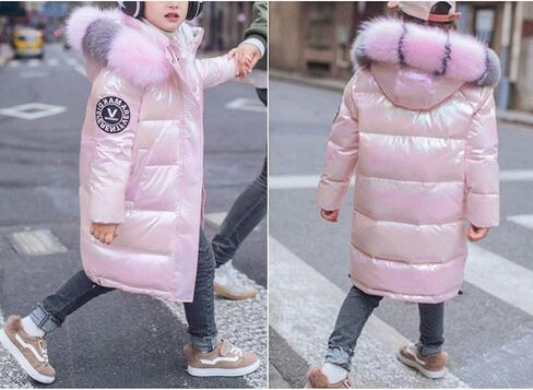 Evelin LEE Girls Winter Warm Faux Fur Collar Hooded Padded Jacket Coat Loose Shiny Puffer Outwear in Saudi Arabia