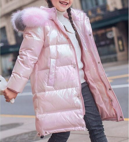 Evelin LEE Girls Winter Warm Faux Fur Collar Hooded Padded Jacket Coat Loose Shiny Puffer Outwear in Saudi Arabia