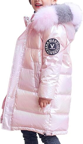 Evelin LEE Girls Winter Warm Faux Fur Collar Hooded Padded Jacket Coat Loose Shiny Puffer Outwear in Saudi Arabia