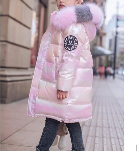 Evelin LEE Girls Winter Warm Faux Fur Collar Hooded Padded Jacket Coat Loose Shiny Puffer Outwear in Saudi Arabia