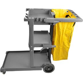 1050BL Janitor Cart Commercial Housekeeping Utility Cart with 3 Shelfs, 25 Gallon Zippered Yellow Vinyl Bag, Blue, Pack of 1