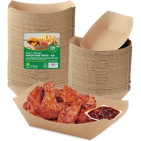 100 pcs Paper Food Trays Disposable, 1 LB Brown Food Boats Disposable for Serving Concession Food, Paper Tray, Nacho Trays Disposable, Paper Boats for Food in Festivals, Carnivals and Fairs in Kuwait