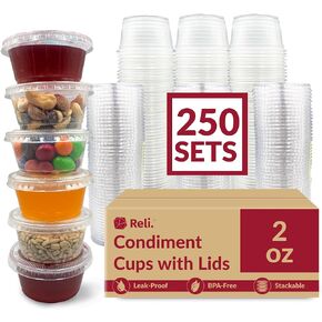 Reli. 2 oz Small Containers with Lids (250 Sets) | Jello Shot Cups with Lids | Clear Plastic Condiment Containers with Lids | Portion Cups with Lids | Sauce Cups | Souffle Cups | Stackable | Bulk in Saudi Arabia
