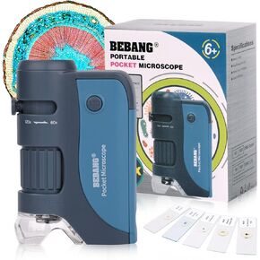 مجهر الجيب BEBANG، مجهر صغير محمول 60x-120x مزود بمصابيح LED، 5 عينات شرائح، مجهر محمول للأطفال والطلاب والكبار ودراسة مختبر المراقبة الميكروبيولوجية، مجموعة تعليمية