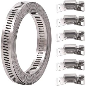 Glarks 7Pcs 10 Feet Long Worm Gear Hose Clamp with Fasteners, 304 Stainless Steel Large Adjustable Pipe Clamps with 6Pcs Fasteners for Ductwork, Pole Securing and Strapping (10 FT Strap +6 Fasteners)