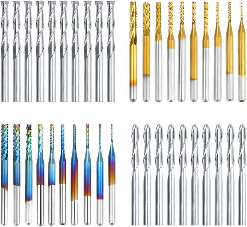 مجموعة المطاحن النهائية لقم التوجيه CNC من ACETOP - قطع لولبية مسطحة وكروية، معطف أزرق نانو / مطحنة نهاية كربيد معطف التيتانيوم، أدوات قطع الطحن ونحت القطع والنقش (عرقوب 1/8 بوصة، 4 أنواع × 10 قطع) in Kuwait
