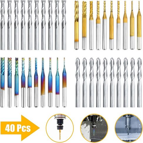 مجموعة المطاحن النهائية لقم التوجيه CNC من ACETOP - قطع لولبية مسطحة وكروية، معطف أزرق نانو / مطحنة نهاية كربيد معطف التيتانيوم، أدوات قطع الطحن ونحت القطع والنقش (عرقوب 1/8 بوصة، 4 أنواع × 10 قطع) in Kuwait