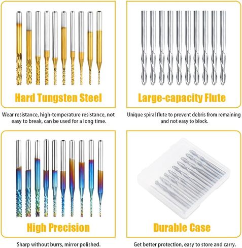 مجموعة المطاحن النهائية لقم التوجيه CNC من ACETOP - قطع لولبية مسطحة وكروية، معطف أزرق نانو / مطحنة نهاية كربيد معطف التيتانيوم، أدوات قطع الطحن ونحت القطع والنقش (عرقوب 1/8 بوصة، 4 أنواع × 10 قطع) in Kuwait