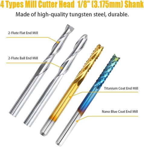 مجموعة المطاحن النهائية لقم التوجيه CNC من ACETOP - قطع لولبية مسطحة وكروية، معطف أزرق نانو / مطحنة نهاية كربيد معطف التيتانيوم، أدوات قطع الطحن ونحت القطع والنقش (عرقوب 1/8 بوصة، 4 أنواع × 10 قطع) in Kuwait