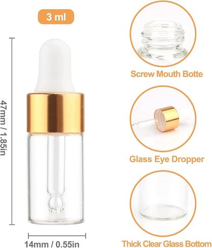15Pcs Glass Essential Oil Dropper Bottles Clear Mini 1ml/2ml/3ml Perfume Dropping Bottle Cosmetic Sample Vials with Gold Cap and White Latex in Saudi Arabia
