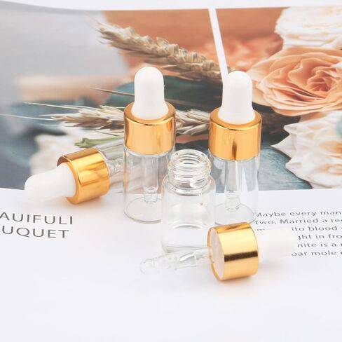 15Pcs Glass Essential Oil Dropper Bottles Clear Mini 1ml/2ml/3ml Perfume Dropping Bottle Cosmetic Sample Vials with Gold Cap and White Latex in Saudi Arabia