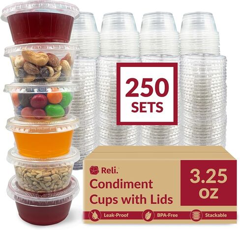 ريلي حاويات صغيرة 3.2 اونصة مع اغطية (250 مجموعة) | اكواب جيلي شوت مع اغطية | حاويات توابل بلاستيكية شفافة مع اغطية | اكواب 3 اونصة مع اغطية | اكواب صلصة 3 اونصة مع اغطية | اكواب سوفليه in Kuwait