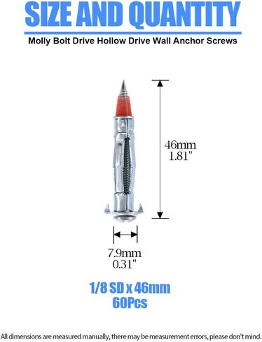 Glarks 60Pcs Heavy Duty 1/8 inch 35MM Zinc Plated Steel Molly Bolt Drive Hollow Drive Wall Anchor Screws Set (1/8SDx35MM) in Kuwait