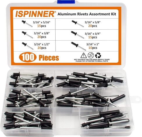 ISPINNER 100 قطعة 6 أحجام من المسامير العمياء المصنوعة من الألومنيوم، مجموعة متنوعة من المسامير البوب ​​3/16 بوصة × (5/16 بوصة 3/8 بوصة 1/2 بوصة 5/8 بوصة 3/4 بوصة 1 بوصة) (فضي) in Kuwait