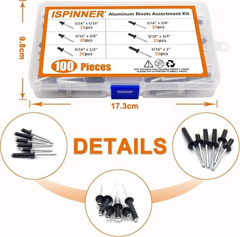 ISPINNER 100 قطعة 6 أحجام من المسامير العمياء المصنوعة من الألومنيوم، مجموعة متنوعة من المسامير البوب ​​3/16 بوصة × (5/16 بوصة 3/8 بوصة 1/2 بوصة 5/8 بوصة 3/4 بوصة 1 بوصة) (فضي) in Kuwait