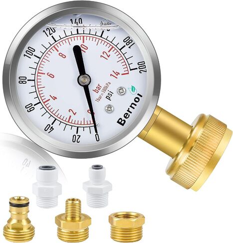Bernoi Water Pressure Gauge Kit, Glycerin Filled Test with Lead-Free Brass Hose Fittings, 3/4'' Female Coupler Plus 5 Adapters to in Multiple Systems, 2-2/3'' dial, 0-200 Psi in Saudi Arabia
